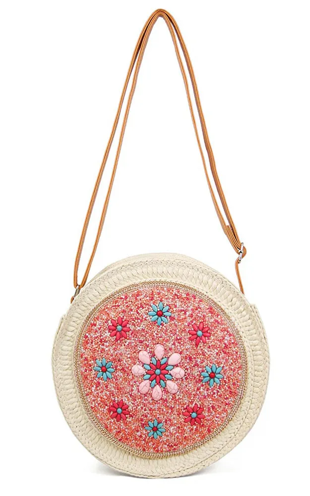 LOA288 Pink and Turquoise Flower Round Bead Straw Crossbody Bag