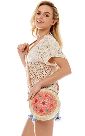 LOA288 Pink and Turquoise Flower Round Bead Straw Crossbody Bag
