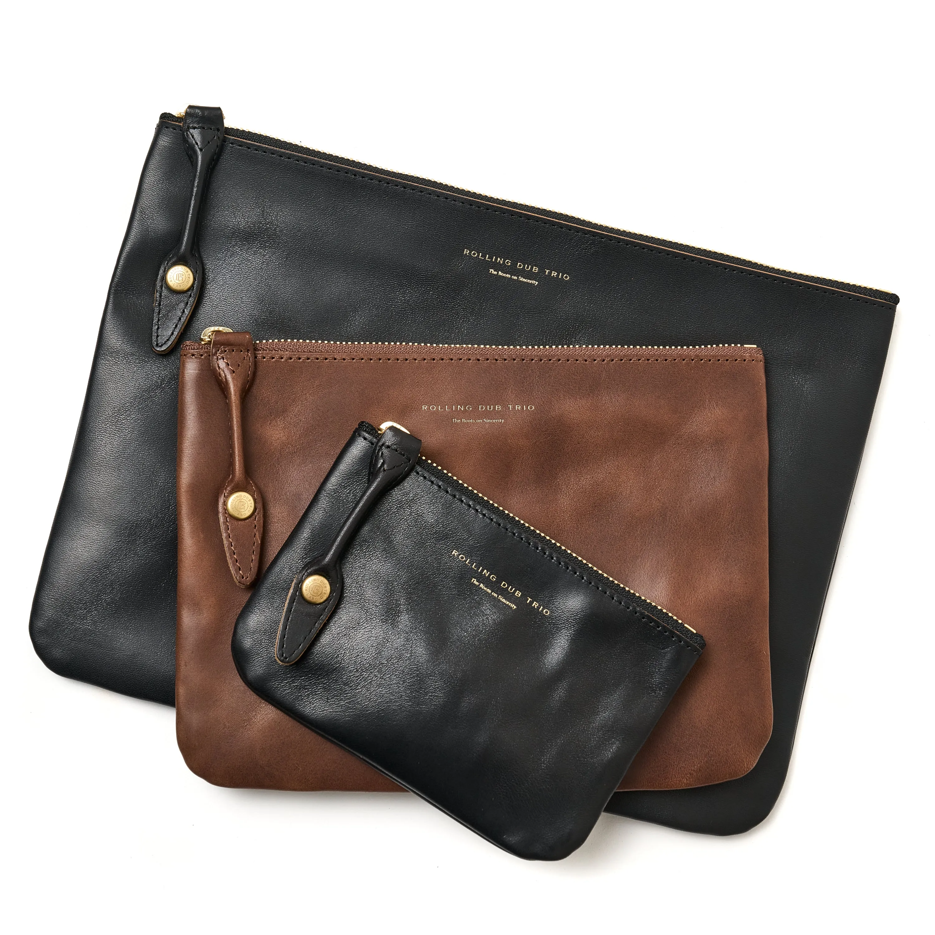 SQUARE ZIP & SNAP POUCH size L -BROWN LEATHER
