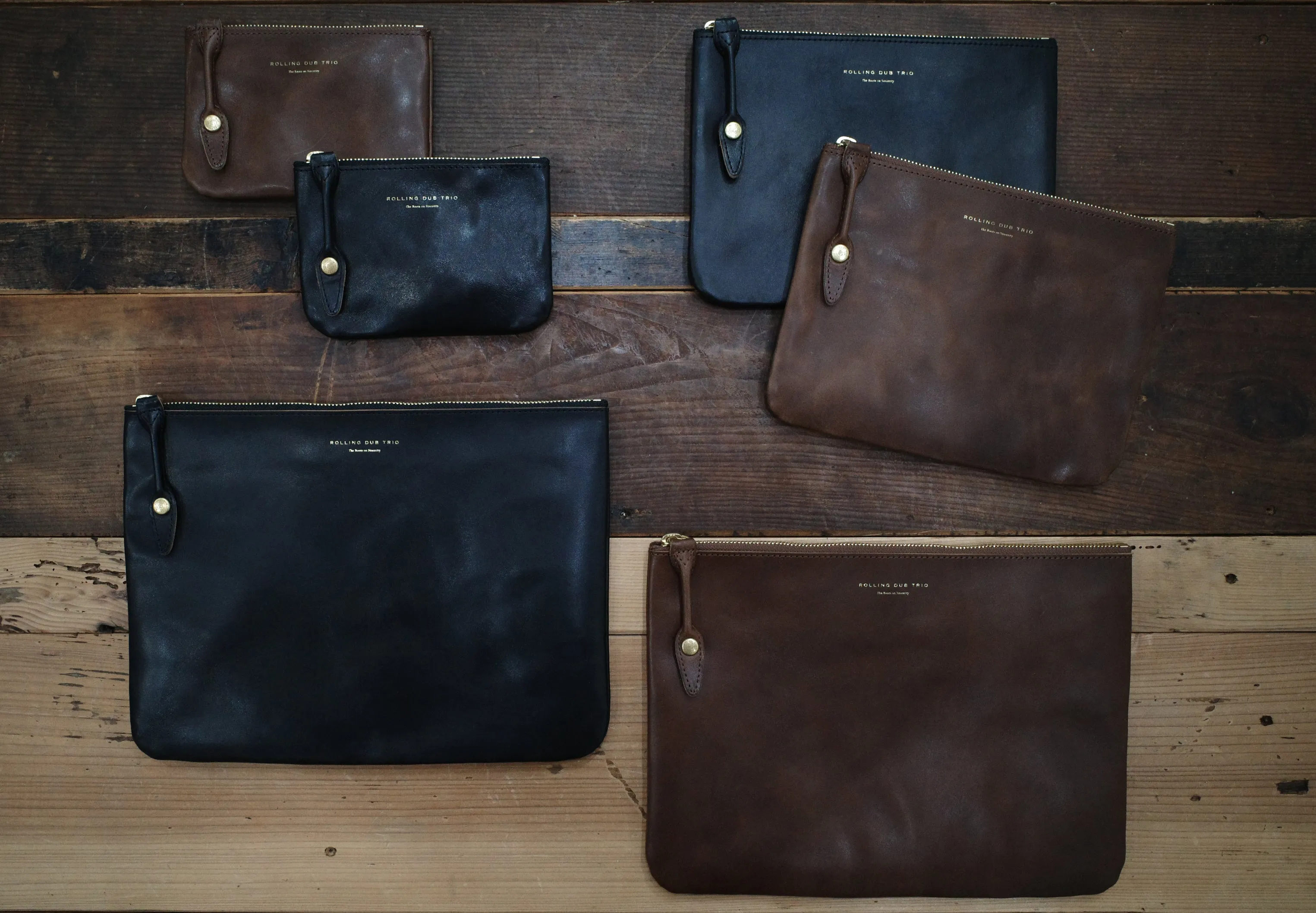 SQUARE ZIP & SNAP POUCH size L -BROWN LEATHER